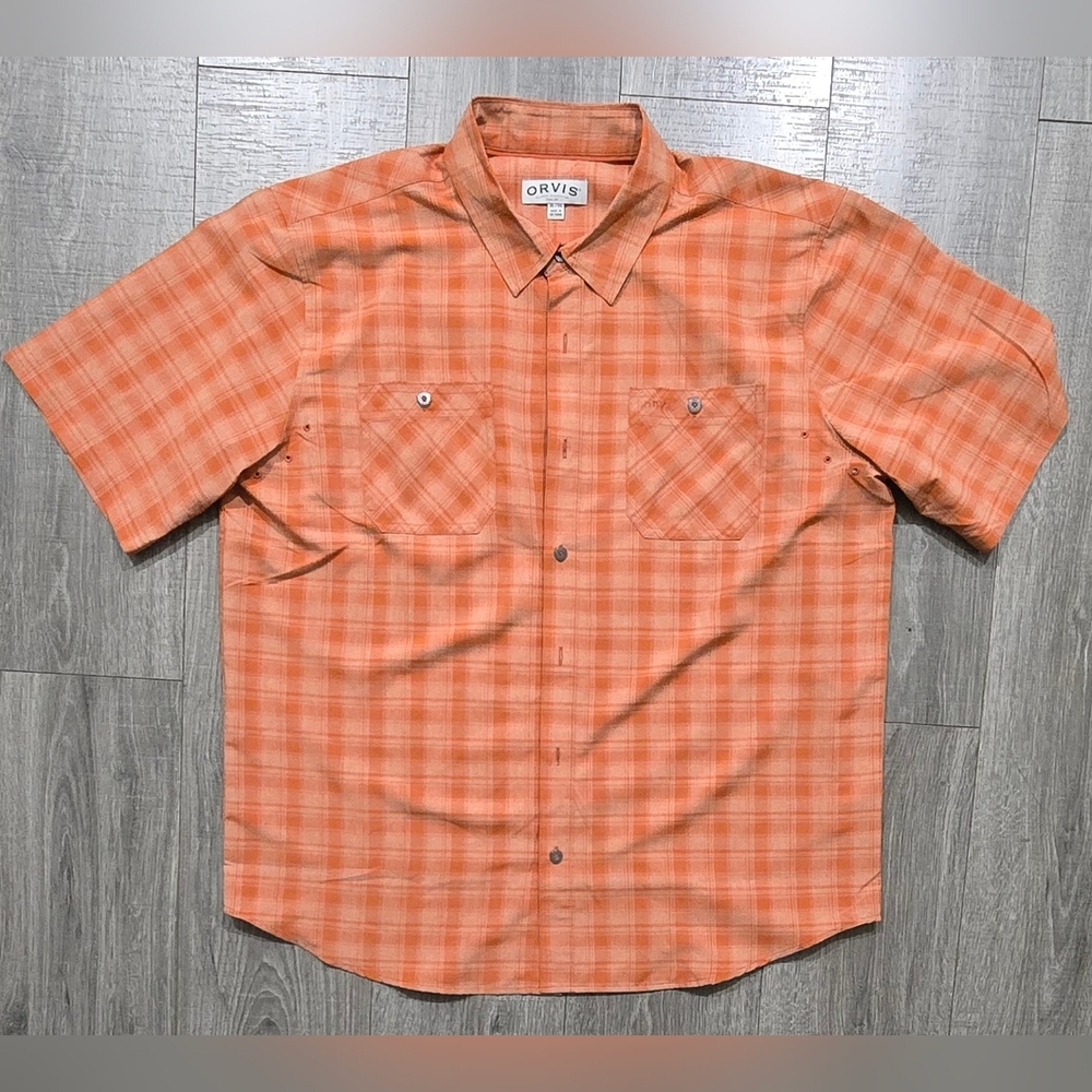 Orvis Men’s XL Tall Orange Plaid Short Sleeve Button Shirt.